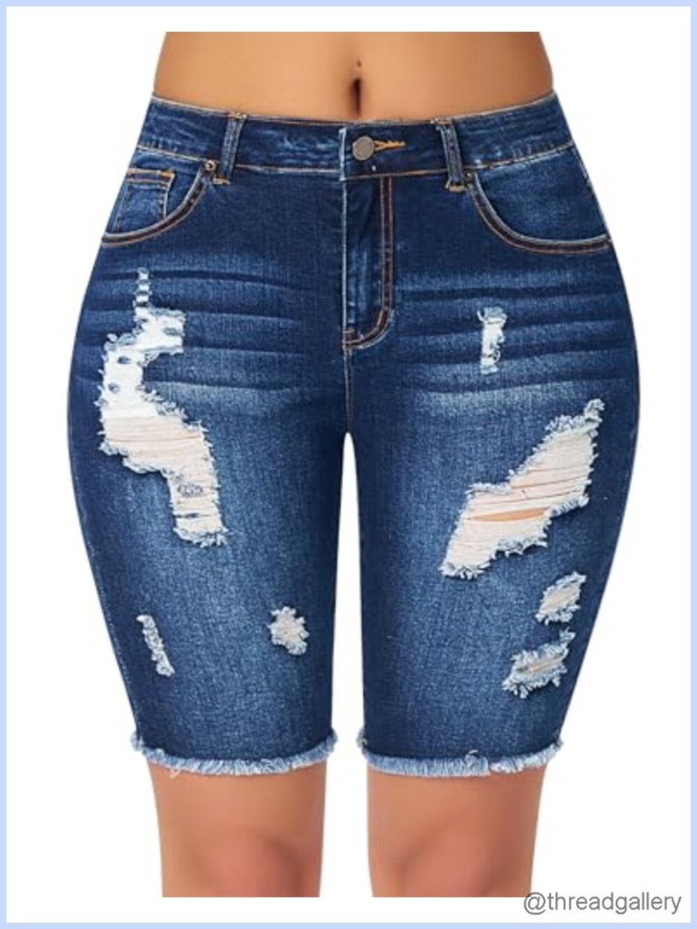 Women's Distressed Denim Bermuda Shorts High Waisted Frayed Hem Stretchy